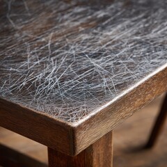 Close up textured surface of a weathered wooden table with a distressed metallic finish and visible scratches