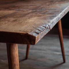 Close up of a rustic wooden table with a rough live edge and tapered legs on a wooden floor