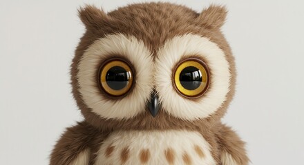 Obraz premium Close-up of a cute, fluffy stuffed owl with large, expressive yellow eyes against a plain background.