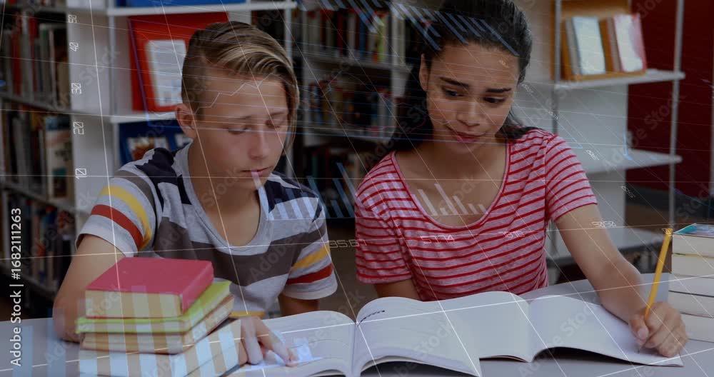 Poster boy opening textbook while girl jotting notes in library with animated highlights showing learning