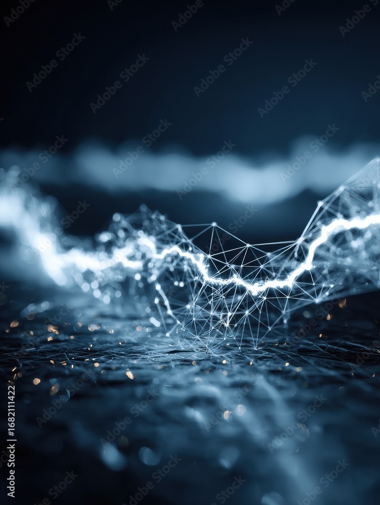 Poster bright electric waves form intricate patterns in a dark digital environment, showcasing energy dynam