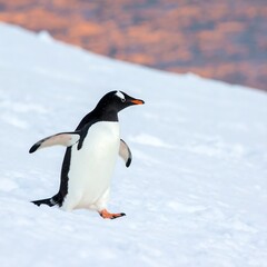 Naklejka premium Gentoo penguin on snow-covered slope at sunset