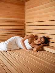 White seminude woman lie in sauna. Indian Ayurvedic sauna treatment. Indian woman sauna door closes.