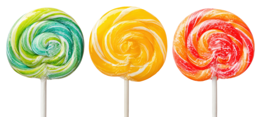 Three colorful swirl lollipops on sticks