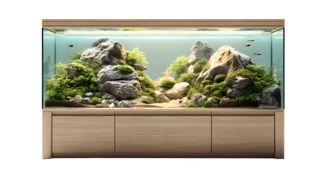 Modern freshwater aquarium with rocky landscape isolated on transparent background - Powered by Adobe