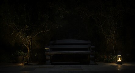 Stone bench at night in a garden with lanterns