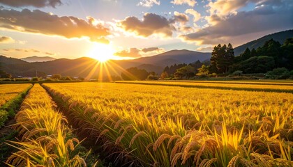 黄金色に輝く稲穂と夕焼け