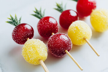 Colorful candy-coated fruit skewers arranged on a plate ready for a festive gathering