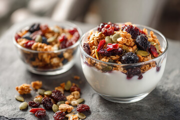 Delicious yogurt cups with granola and dried fruit served on a stone countertop