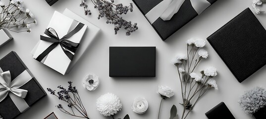 Elegant black and white gift boxes with ribbons and flowers flat lay for luxury presents and celebrations