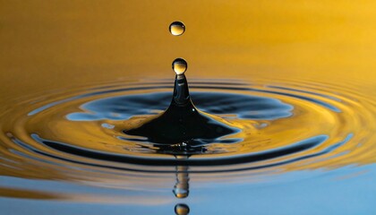 Macro water droplet impact creating ripples with liquid reflection with golden background.