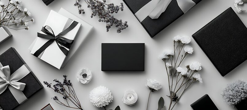 Elegant black and white gift boxes with ribbons and flowers flat lay for luxury presents and celebrations - Powered by Adobe
