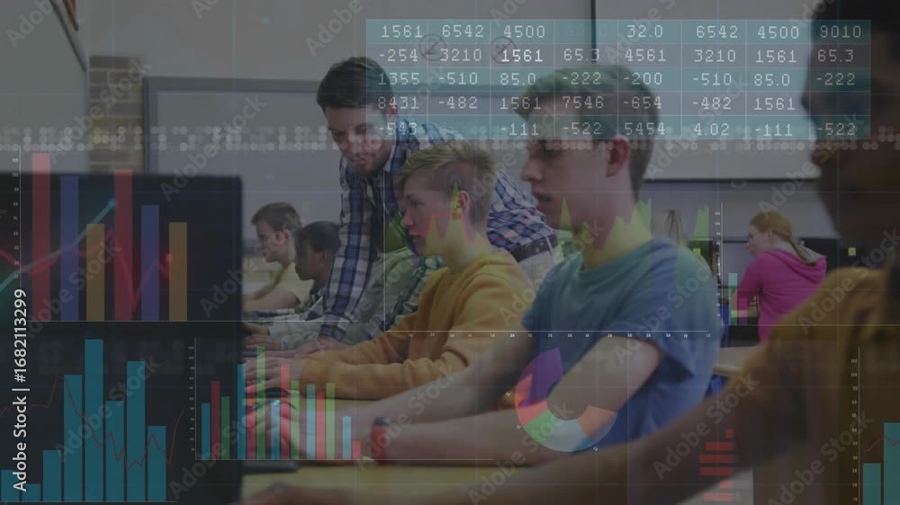 Poster instructor entering computer lab and pointing to guide students as animated data charts fading in