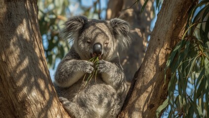 Obraz premium A koala perched in a tree, enjoying a meal of fresh leaves, with branches and leaves in the background generative ai