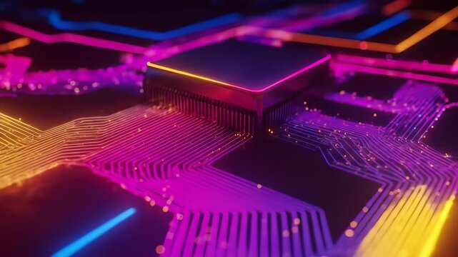 Futuristic microchip with vibrant neon lights and glowing circuit board showcasing advanced digital technology, electronic circuitry, and high tech computer hardware for innovative electronic