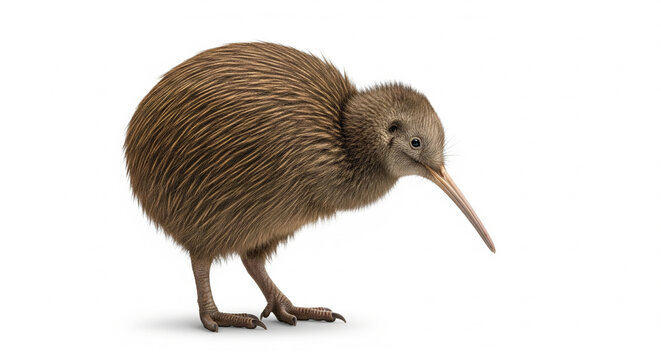 Unique brown kiwi bird standing in profile on an isolated transparent background.