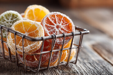Vibrant assortment of candied fruit slices arranged in a rustic metal basket on a wooden surface