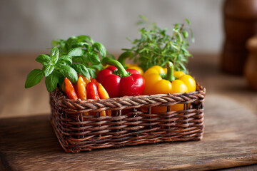Freshly harvested vegetables and herbs arranged in a wicker basket on a wooden countertop in a cozy kitchen setting
