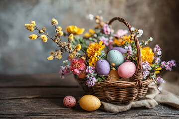 Spring basket filled with colorful Easter eggs and fresh flowers on rustic wooden table
