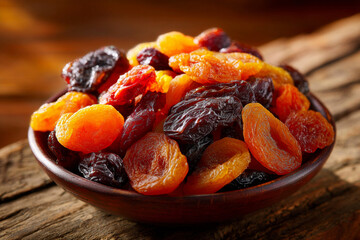 Dried fruits displayed in a wooden bowl on a rustic table in bright light during the afternoon
