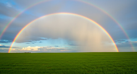 Naklejka premium A vibrant double rainbow arches across a lush green field, with rain falling in the distance beneath a partly cloudy sky.