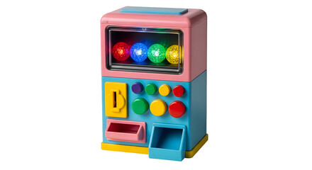 Brightly lit toy gumball machine with colorful spheres, inviting fun and play