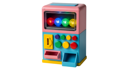 Brightly lit toy gumball machine with colorful spheres, inviting fun and play