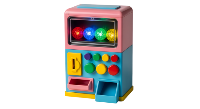 Brightly lit toy gumball machine with colorful spheres, inviting fun and play