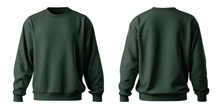 Dark green sweatshirt, front and back view.  Blank, long-sleeved garment