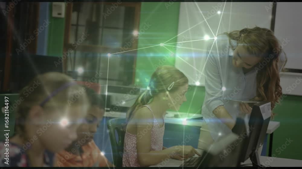 Poster teacher entering lab leaning over student keyboard, guiding coding while digital graphics fading