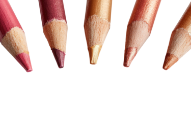 Close-up of five colorful lip pencils,  various shades of rose, gold, and beige,  arranged in a slight arc against a black background, showcasing their pointed tips