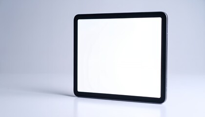 Black tablet with blank white screen on a white surface.
