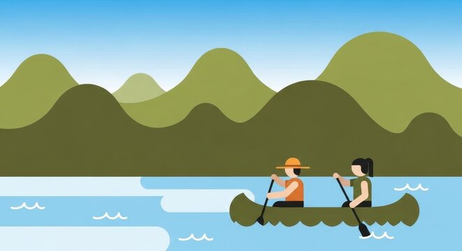 Two people in a canoe paddle on a lake with hills in the background under a blue sky