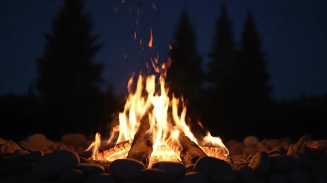 A vivid campfire ablaze with bright orange flames surrounded by rocks at night with dark trees behind