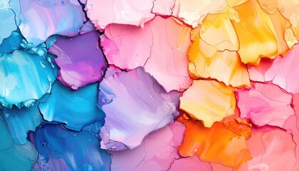 Abstract background of overlapping, irregularly shaped pieces with colorful, fluid marbling in hues of blue, purple, pink, yellow, and orange