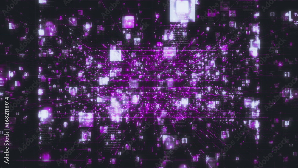 Poster moving through the searching stream of unrecognizable people portraits linked by purple colored data