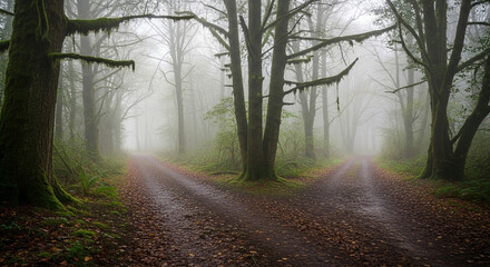 Fototapeta premium A rural road winds through a misty autumn forest
