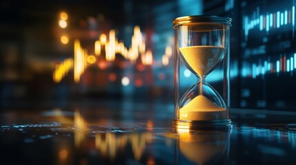 An artistic hourglass captures time's essence amidst glowing data visualizations, symbolizing the interplay between time and technology.