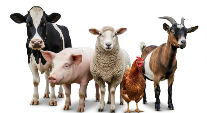 Group of Farm Animals Standing Together including Cow, Pig, Sheep, Chicken, Goat, Isolated transparent background