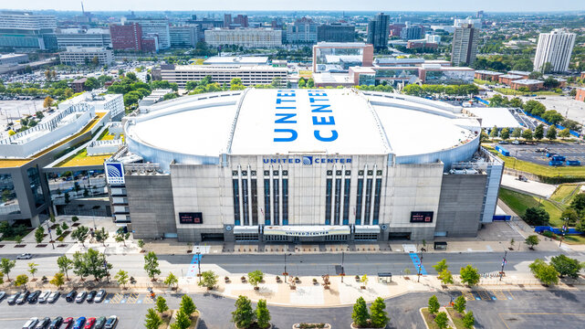  Aerial Drone View of United Center in Downtown Chicago Illinois High-resolution aerial drone photo of the United Center in downtown Chicago, Illinois. Captures the iconic arena