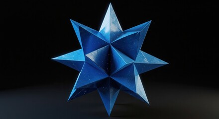 A striking, stellated geometric form, brilliant cobalt blue, positioned against a deep black background, showcasing intricate facets and a sense of depth.