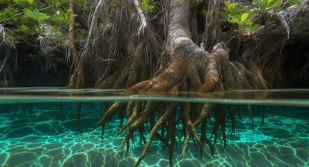 Underwater Mangrove Roots, Split View, Crystal Clear Water, Lush Green Canopy