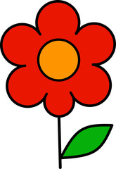 Simple red flower with yellow center and green leaves, cartoon style illustration.