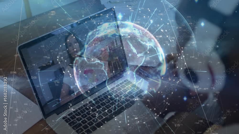 Aufkleber man lifting laptop lid initiating rotating 3d globe overlaying network data during business meeting