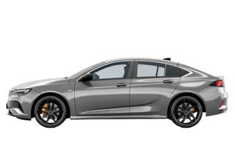 Side profile of a light gray sedan.  Sleek lines, alloy wheels, and a modern design