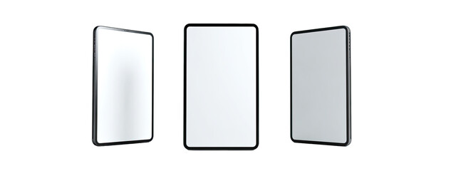Three smartphone displays, angled views