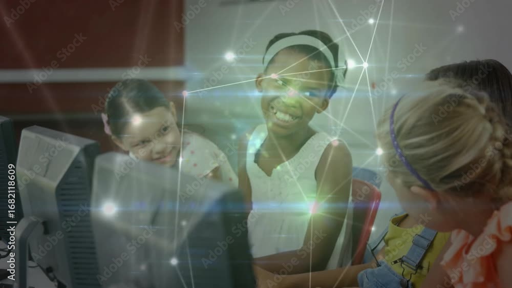Poster girl in overalls typing after group smile to collaborate in lab with technology network overlay