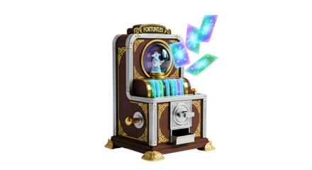 Mysterious fortune teller machine dispenses glowing cards promising future insights and luck