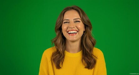 Fototapeta premium Woman laughing heartily against a green screen background, perfect for chroma keying and video editing projects.
