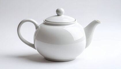 A classic white ceramic teapot with a lid and spout, isolated on a clean white background.